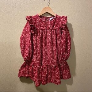 Girl’s 4-5 Years Red Ivory Ruffle Long Sleeve Knee Length Dress